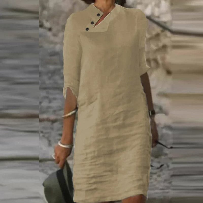 Women's Dress - Loose Fit - Knee Length - 3/4 Sleeves - Asymmetric Neckline with Button