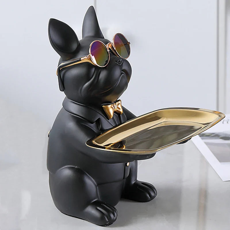 Contemporary Bulldog Figurine Tray with Gold Bow Tie
