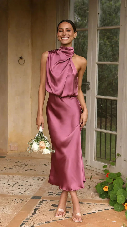 Women Satin Dress - One-Shoulder - Asymmetric Neckline - Elegant Midi-Length