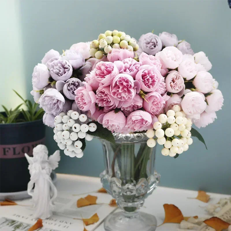 Minimalist Silk Peony Bouquet with Glass Vase