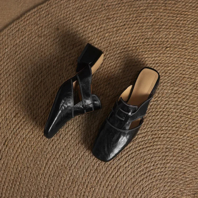 Minimalist Leather Mules with Block Heel
