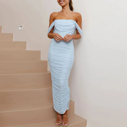 Women's Maxi Dress - Off Shoulder - Draped Sleeves - Fitted Stretch Party Dress