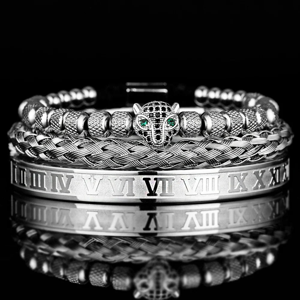 Benjamin Two-Piece Set | Beaded Panther Charm Braided Cuff Bracelet Set