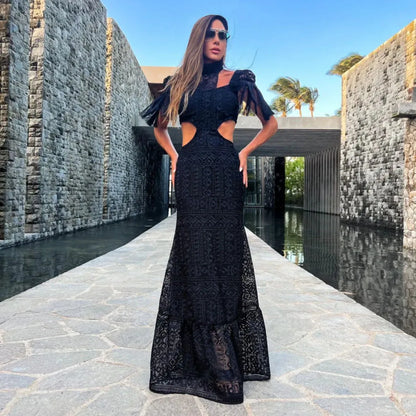 Women's Evening Dress - Slim Fit - Lace - Floor-Length - Waist Cutout