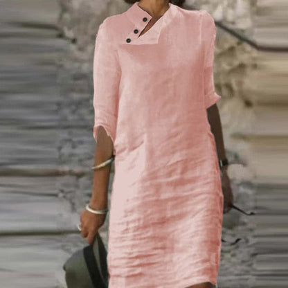 Women's Dress - Loose Fit - Knee Length - 3/4 Sleeves - Asymmetric Neckline with Button