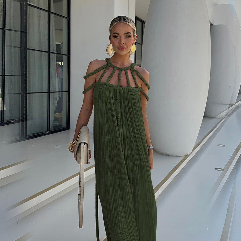 Maxi Dress for Women – Flexible Braided Straps – Pleated Fabric – Elegant Loose Fit