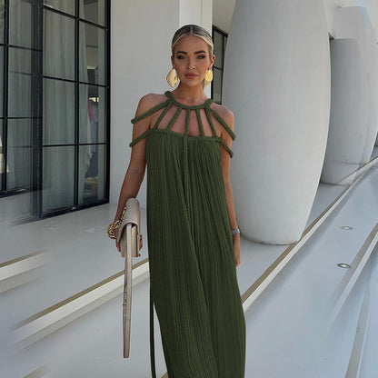Maxi Dress for Women – Flexible Braided Straps – Pleated Fabric – Elegant Loose Fit