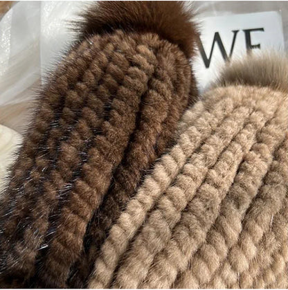 Isla Ribbed Fur Trim Beanie Hat | Pompoms Solid Beanie Hat