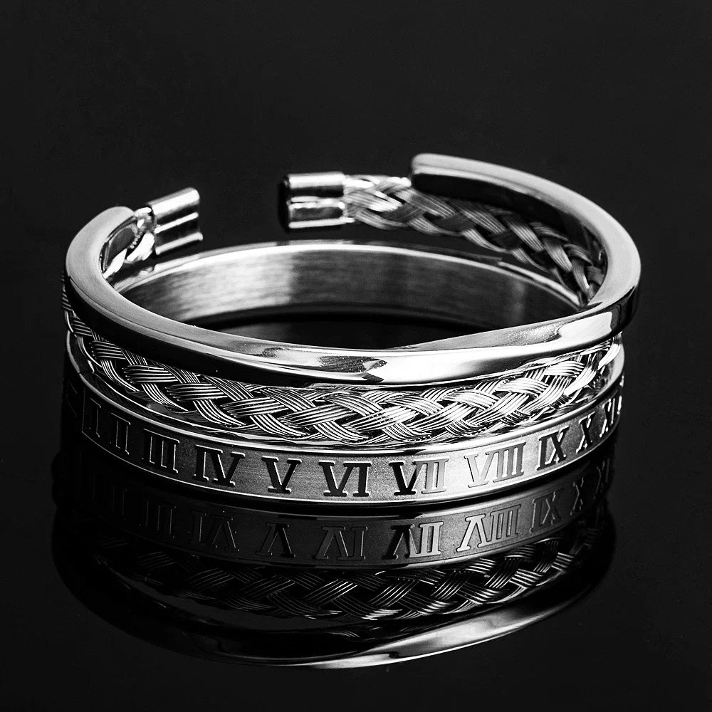 Oliver Bracelet Set | Open-Ended Braided Engraved Solid Bracelet Three-Piece Set