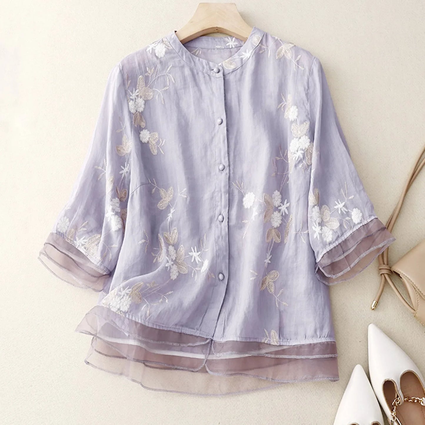 Floral Embroidered Button Front Blouse for Women – Graceful Everyday Elegance