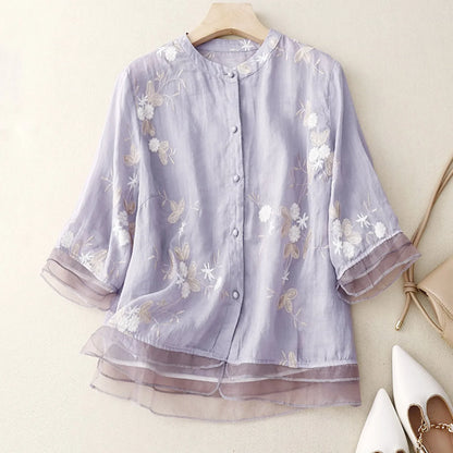 Floral Embroidered Button Front Blouse for Women – Graceful Everyday Elegance