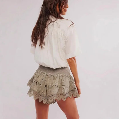 Ruffled Scalloped Eyelet Embroidered Shorts for Women – Stylish & Comfortable Casual