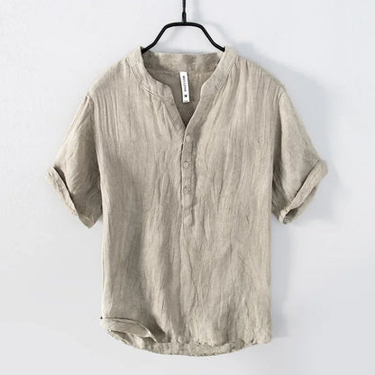 Relaxed Fit Band Collar Henley Shirt for Men – Breathable Casual Comfort