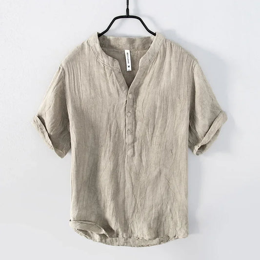 Relaxed Fit Band Collar Henley Shirt for Men – Breathable Casual Comfort