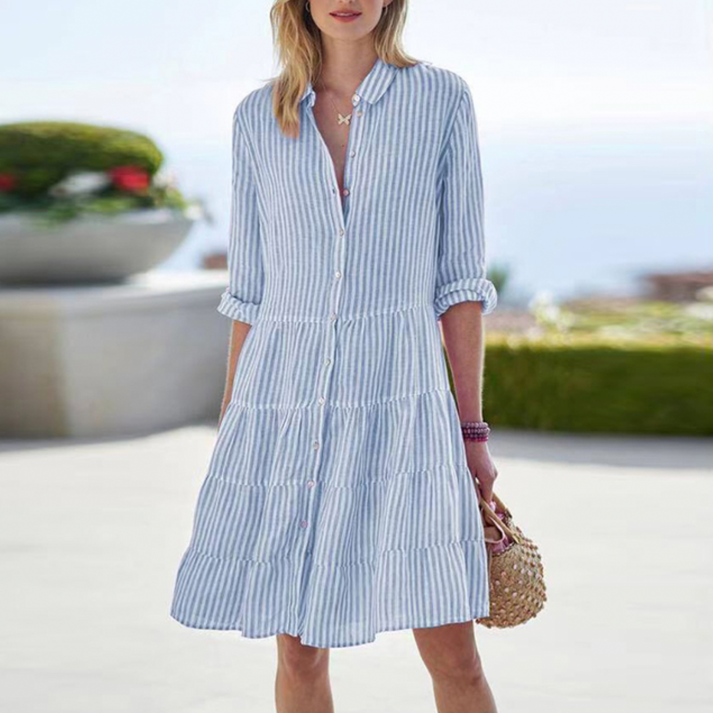 Women's Shirt Dress - Button Closure - Structured Collar - Striped - Light and Breathable