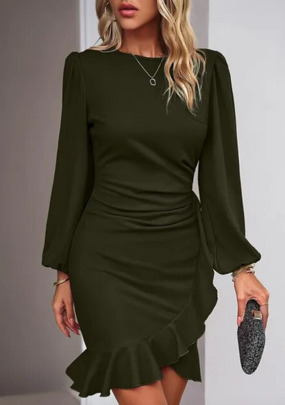Women's Dress - Form-Fitting Silhouette - Long Puff Sleeves - Draped Skirt with Ruffle Detail