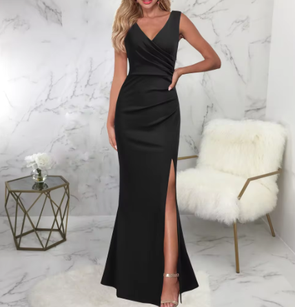 Women's Evening Dress – Elegant Fitted – V-Neck – Sleeveless with High Slit