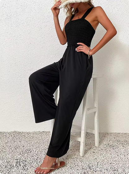 Women's Jumpsuit - Sleeveless with Wide Straps - Smocked Waist - Wide Legs - Light and Breathable