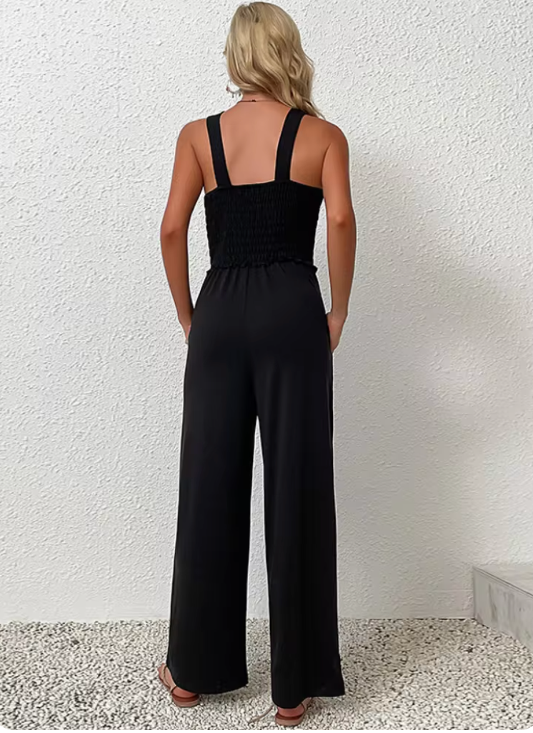 Women's Jumpsuit - Sleeveless with Wide Straps - Smocked Waist - Wide Legs - Light and Breathable