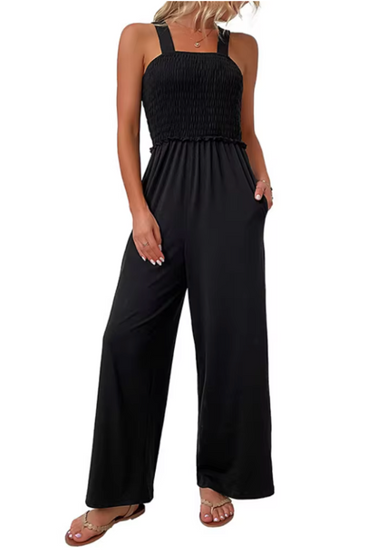 Women's Jumpsuit - Sleeveless with Wide Straps - Smocked Waist - Wide Legs - Light and Breathable