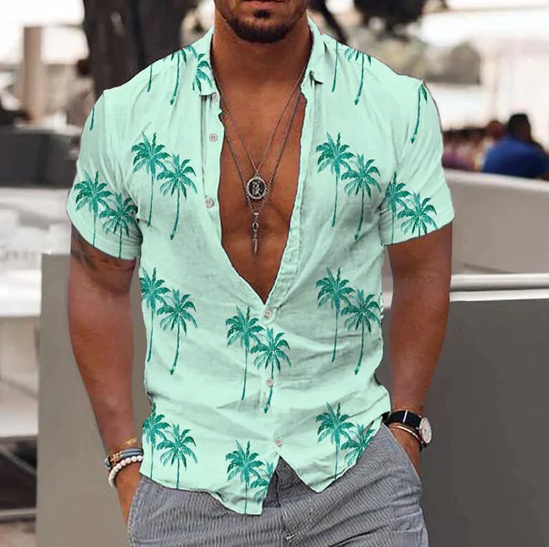 Men's Shirt - Short Sleeve - Light and Breathable - Tropical Print - Casual Regular Fit