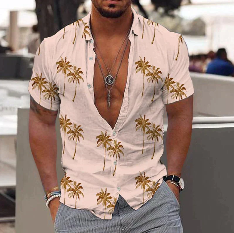Men's Shirt - Short Sleeve - Light and Breathable - Tropical Print - Casual Regular Fit