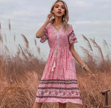 Women's Midi Dress - V-Neck - Short Ruffle Sleeves - Fitted Waist - Bohemian Pattern