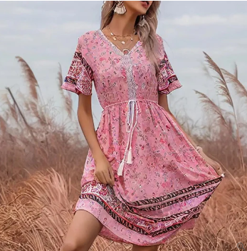 Women's Midi Dress - V-Neck - Short Ruffle Sleeves - Fitted Waist - Bohemian Pattern