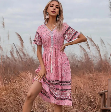 Women's Midi Dress - V-Neck - Short Ruffle Sleeves - Fitted Waist - Bohemian Pattern