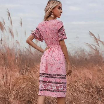 Women's Midi Dress - V-Neck - Short Ruffle Sleeves - Fitted Waist - Bohemian Pattern