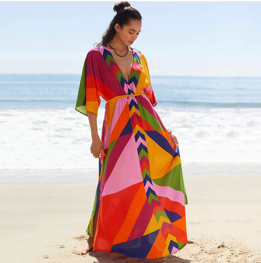 Women's Maxi Dress - Deep V-neck - 3/4 Sleeves - Geometric Pattern - Light and Airy