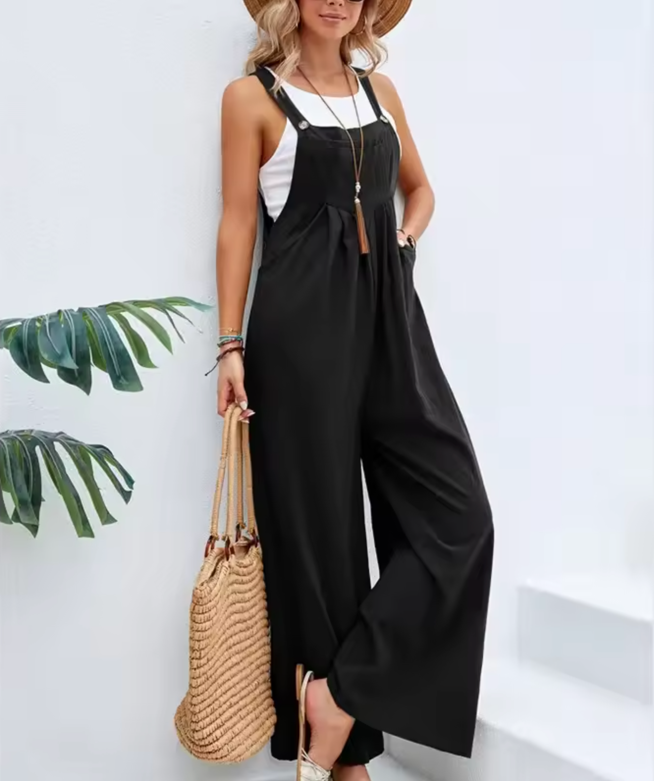 Women's Jumpsuit - Cotton Linen - Wide Legs - Adjustable Straps - Relaxed Fit