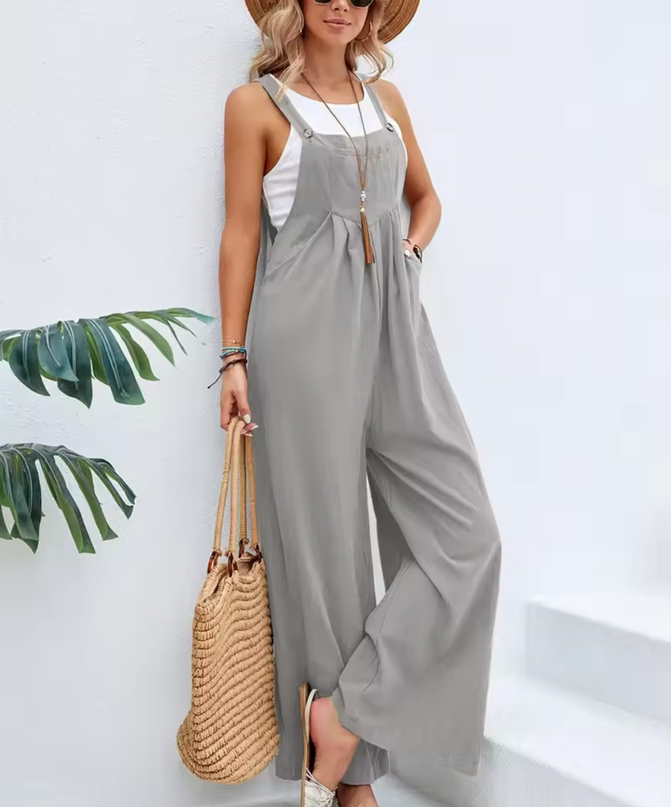 Women's Jumpsuit - Cotton Linen - Wide Legs - Adjustable Straps - Relaxed Fit