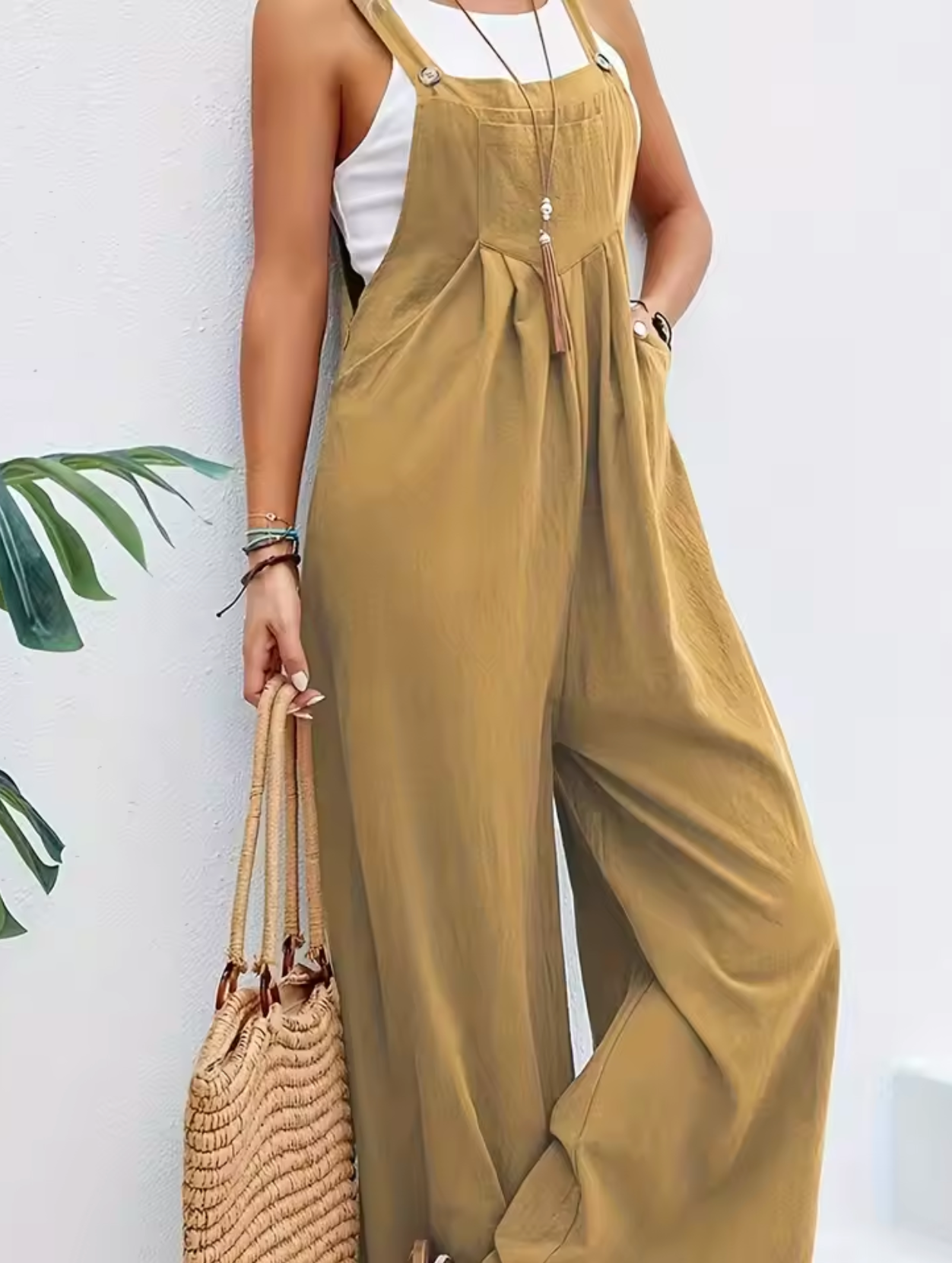 Women's Jumpsuit - Cotton Linen - Wide Legs - Adjustable Straps - Relaxed Fit