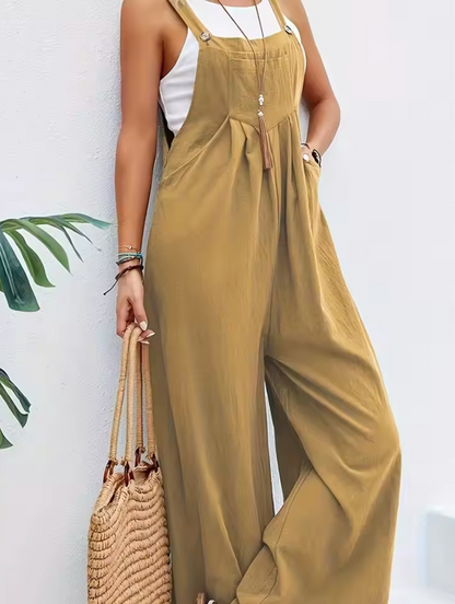 Women's Jumpsuit - Cotton Linen - Wide Legs - Adjustable Straps - Relaxed Fit