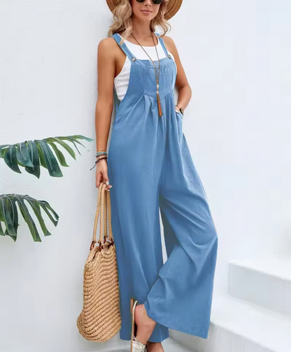 Women's Jumpsuit - Cotton Linen - Wide Legs - Adjustable Straps - Relaxed Fit