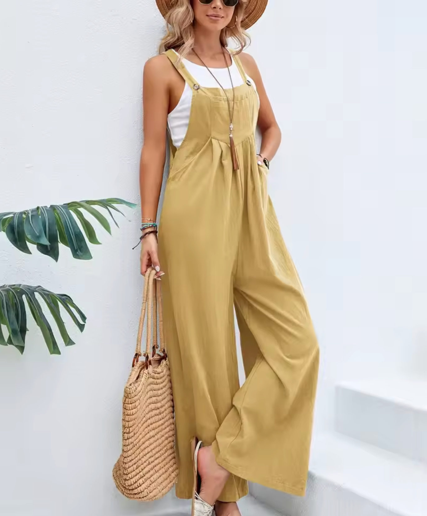 Women's Jumpsuit - Cotton Linen - Wide Legs - Adjustable Straps - Relaxed Fit
