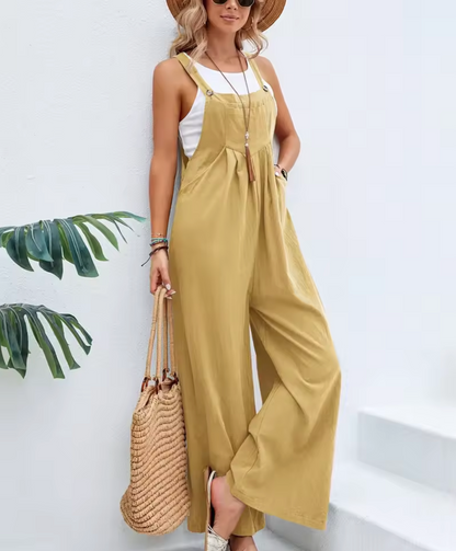 Women's Jumpsuit - Cotton Linen - Wide Legs - Adjustable Straps - Relaxed Fit