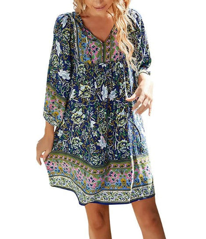 Women's Bohemian Dress - Loose Fit - V-neck - Three-quarter Sleeves - Floral Pattern