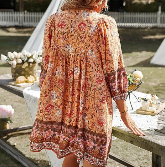 Women's Bohemian Dress - Loose Fit - V-neck - Three-quarter Sleeves - Floral Pattern