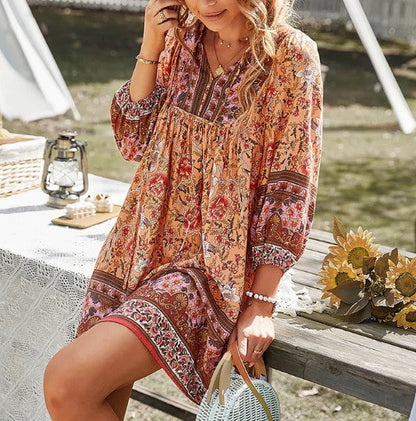 Women's Bohemian Dress - Loose Fit - V-neck - Three-quarter Sleeves - Floral Pattern