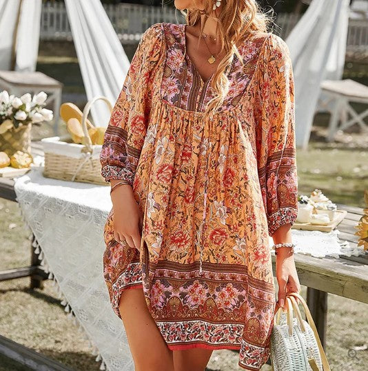 Women's Bohemian Dress - Loose Fit - V-neck - Three-quarter Sleeves - Floral Pattern