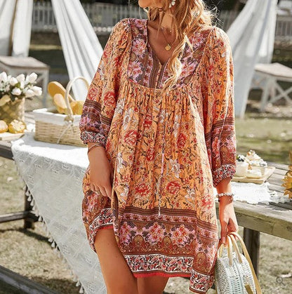 Women's Bohemian Dress - Loose Fit - V-neck - Three-quarter Sleeves - Floral Pattern