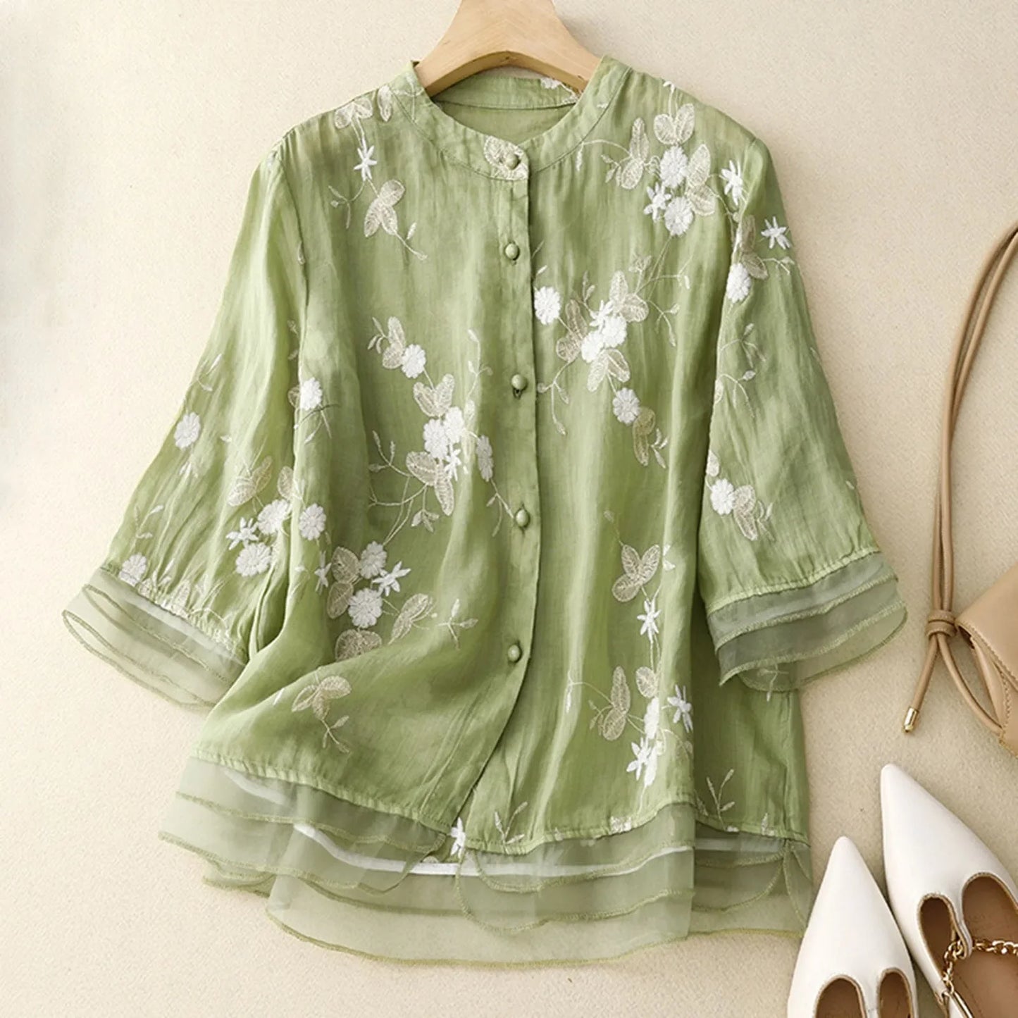 Floral Embroidered Button Front Blouse for Women – Graceful Everyday Elegance