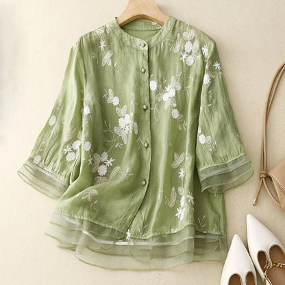 Floral Embroidered Button Front Blouse for Women – Graceful Everyday Elegance