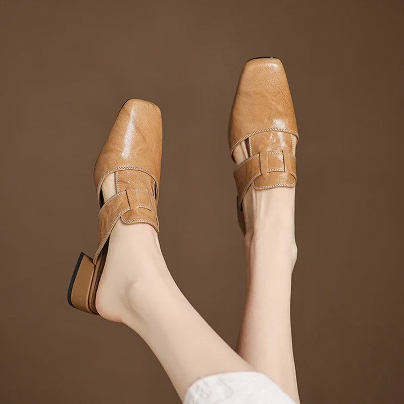Minimalist Leather Mules with Block Heel