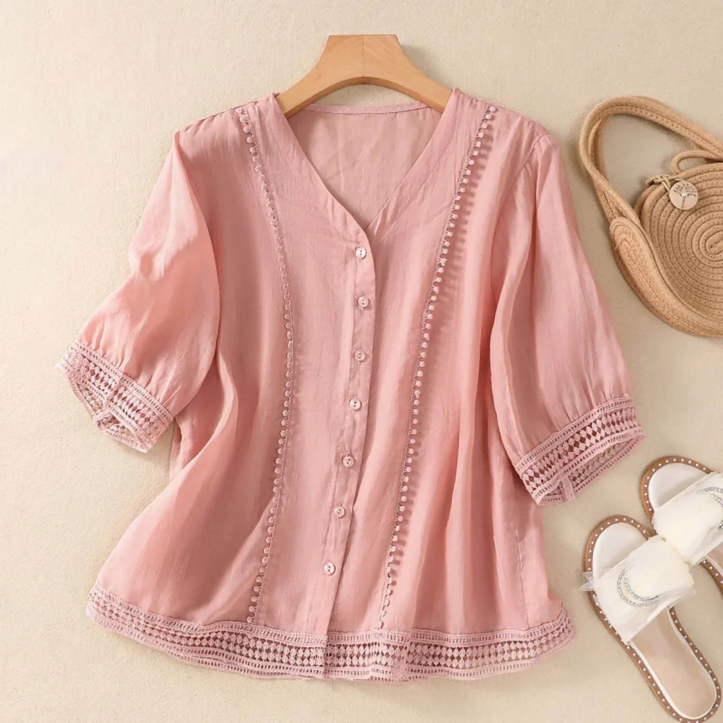 Lace Trim V Neck Blouse for Women – Lightweight Elegant Comfort