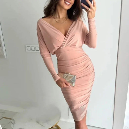 Women's Dress - Bodycon Fit - V-Neck & Long Sleeves - Elegant & Stylish