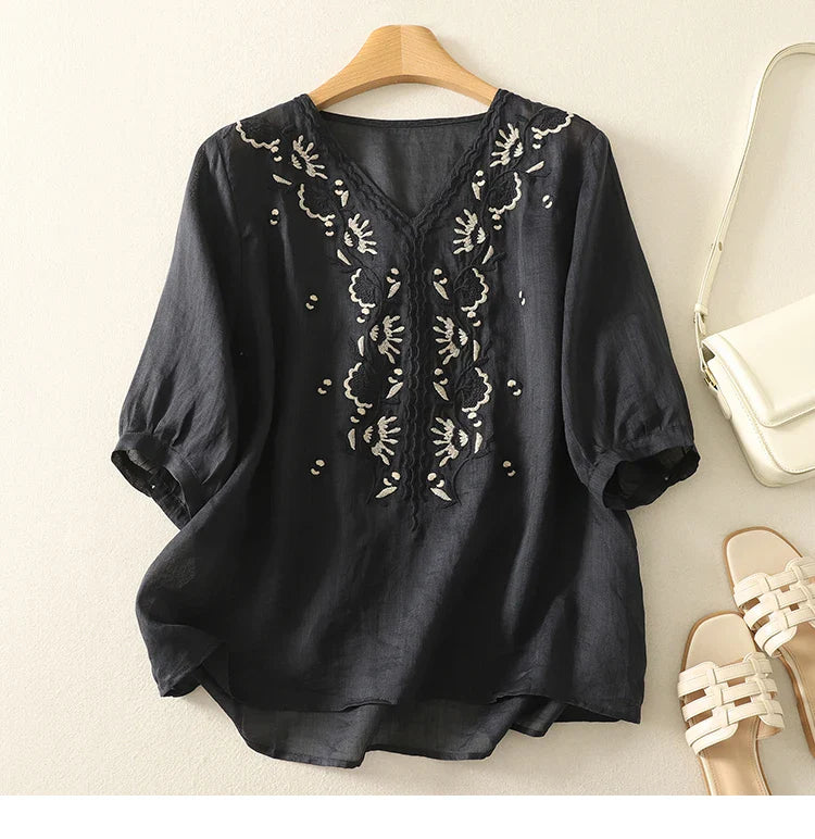 Embroidered V-Neck Blouse for Women – Relaxed Everyday Elegance