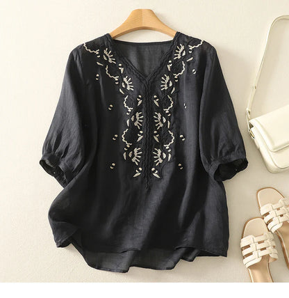 Embroidered V-Neck Blouse for Women – Relaxed Everyday Elegance